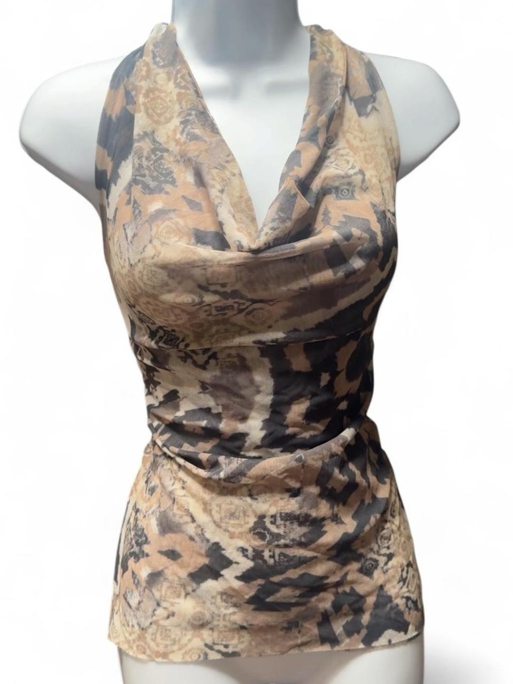 Y2K mesh Sweet Pea Beige and Black Cowl Neck Tank Top